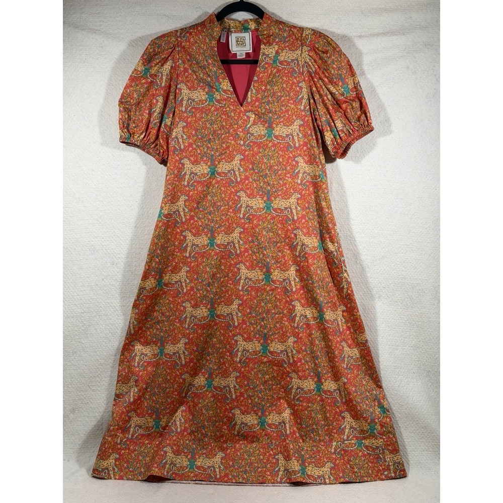 Emily McCarthy Midi Dress Women XS Orange Leopard Print Puff Sleeve V Neck Boho